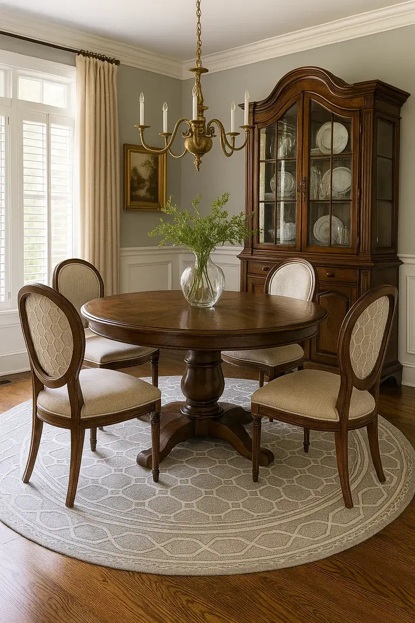 Dining room with round wool and silk area rug.