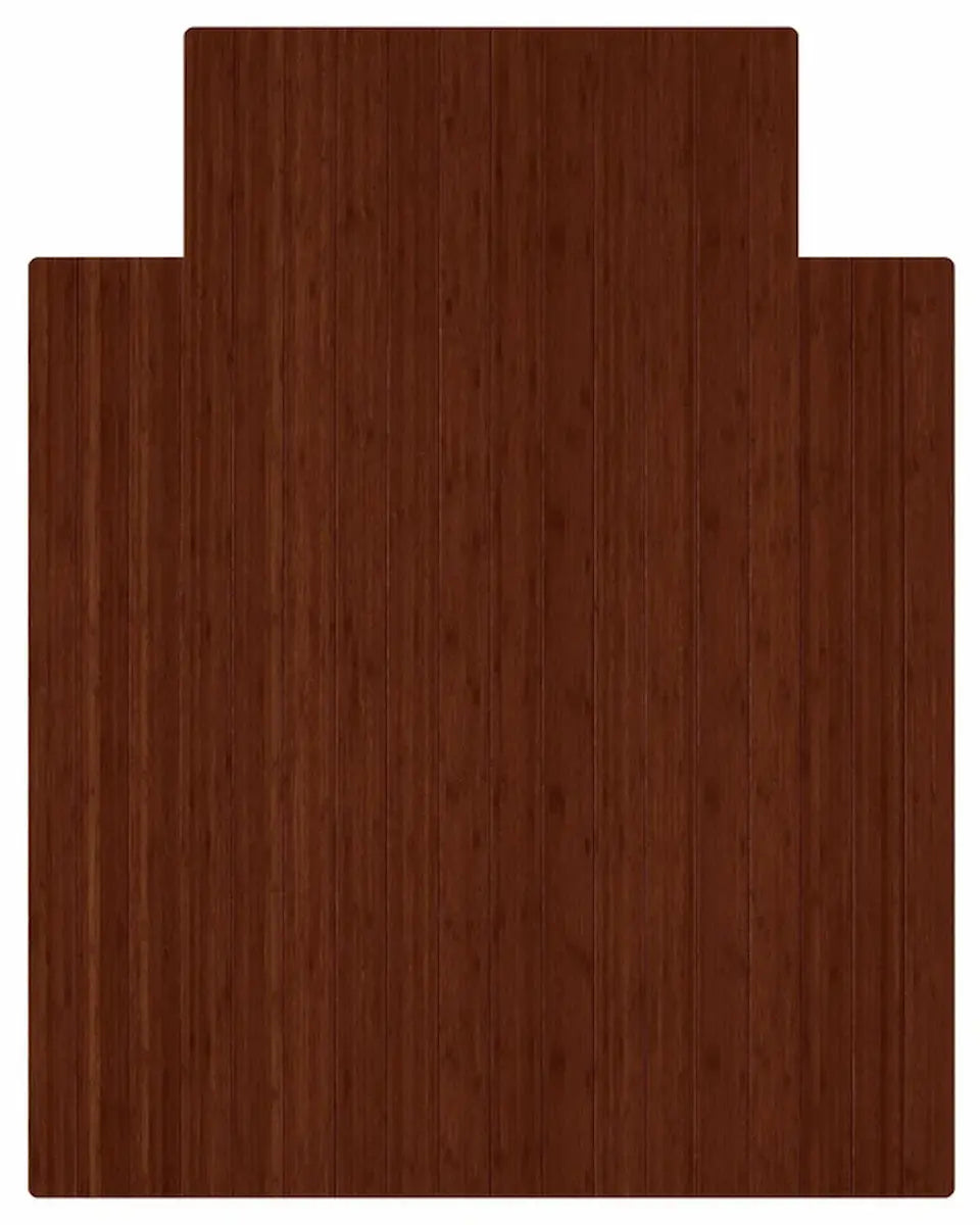 A dark brown wood grain bamboo chair mat with a stepped, geometric top edge, shown against a plain white background.