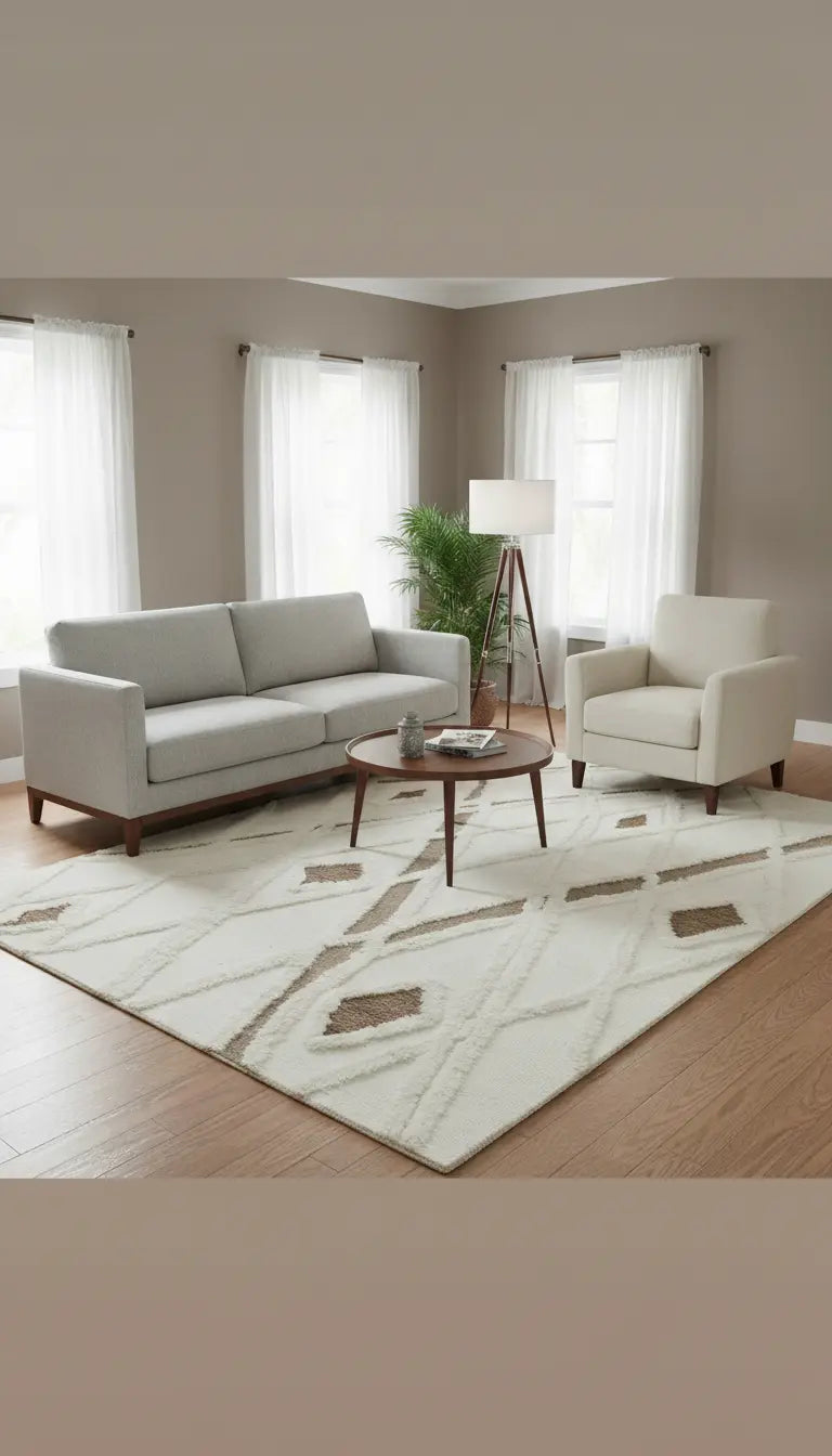 modern living room with light couch and chair, round wooden table and taupe and ivory geometric rug 