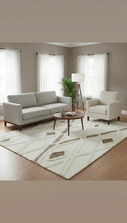modern living room with light couch and chair, round wooden table and taupe and ivory geometric rug 