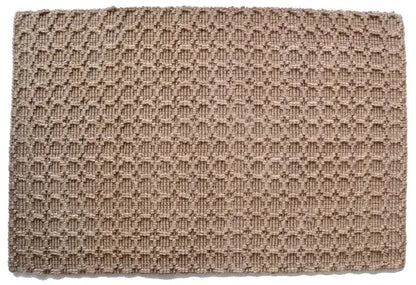 Textured beige jute rug with a diamond pattern on a white background