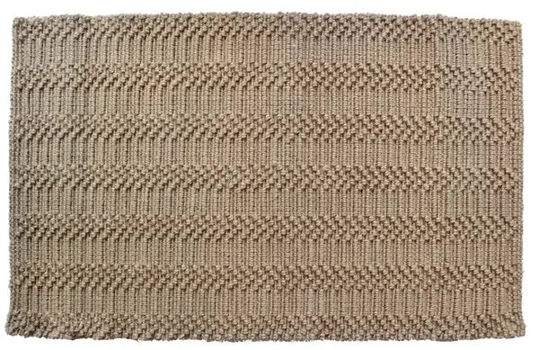 Textured beige jute rug with a geometric pattern on a white background