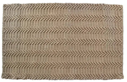 Textured beige jute rug with a geometric pattern on a white background