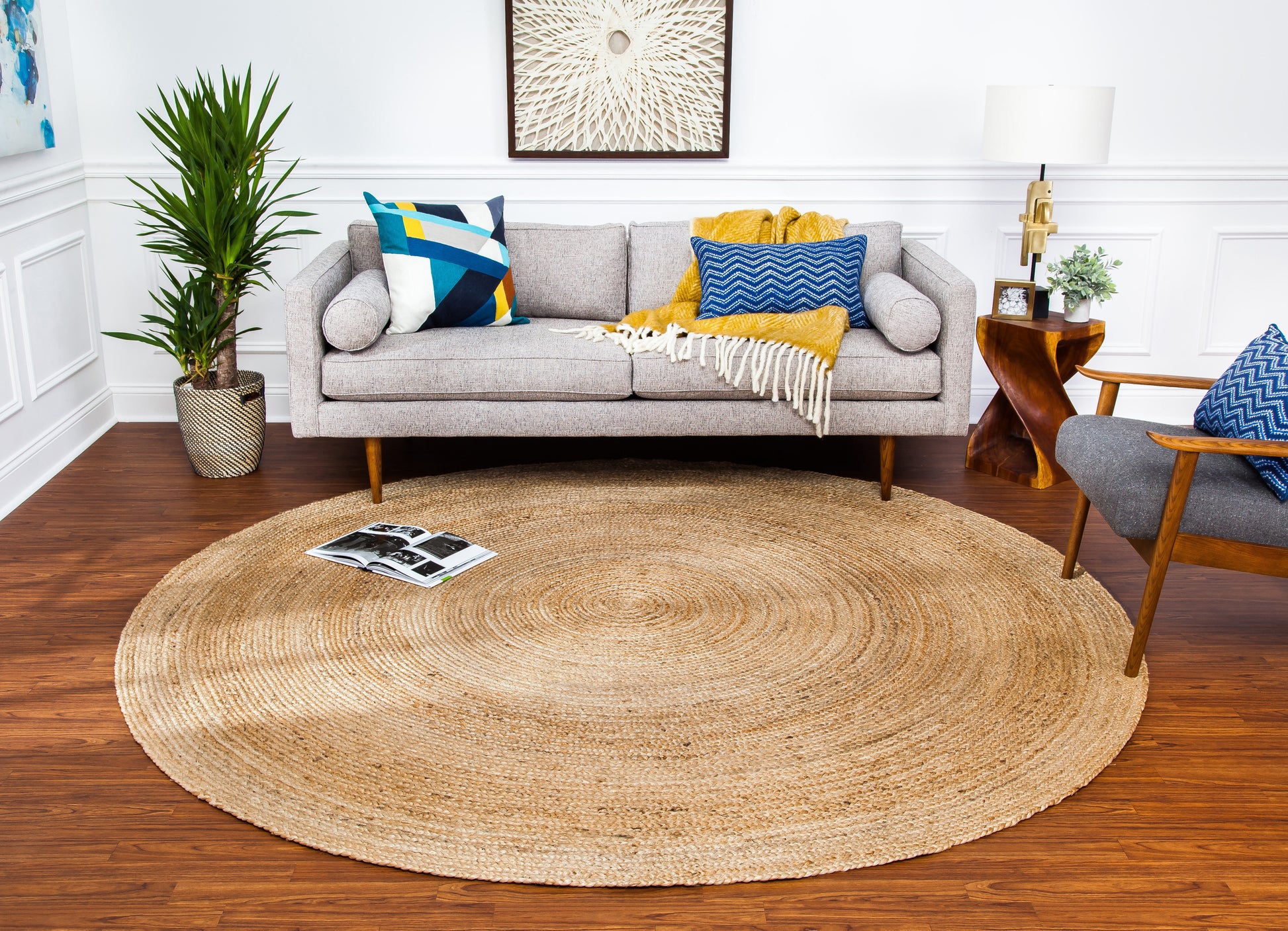 round woven jute rug in modern living room