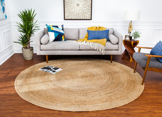round woven jute rug in modern living room