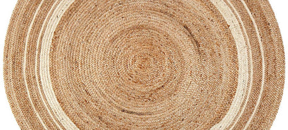 overhead view of braided round jute rug with ivory border
